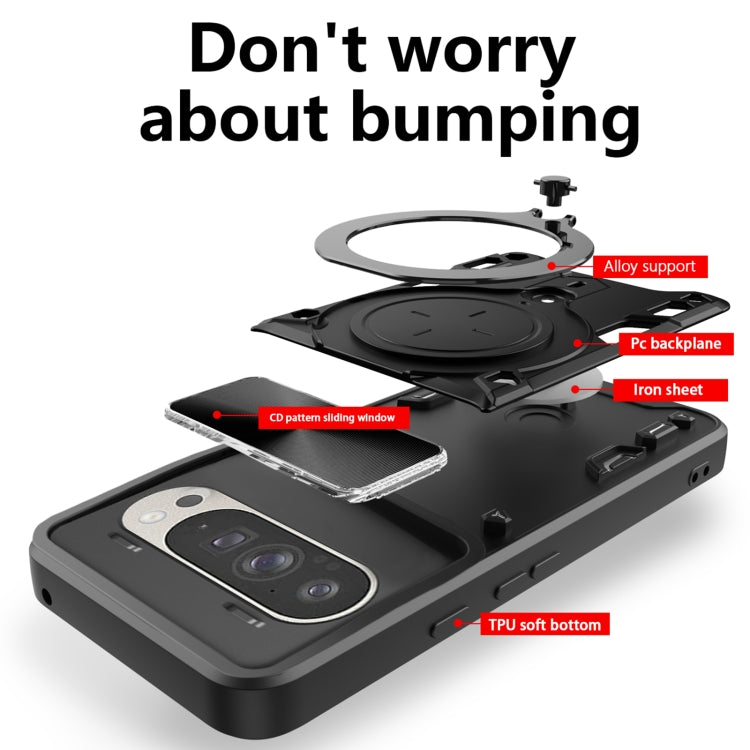 For Google Pixel 9 / 9 Pro CD Texture Sliding Camshield Magnetic Holder Phone Case(Black) by buy2fix