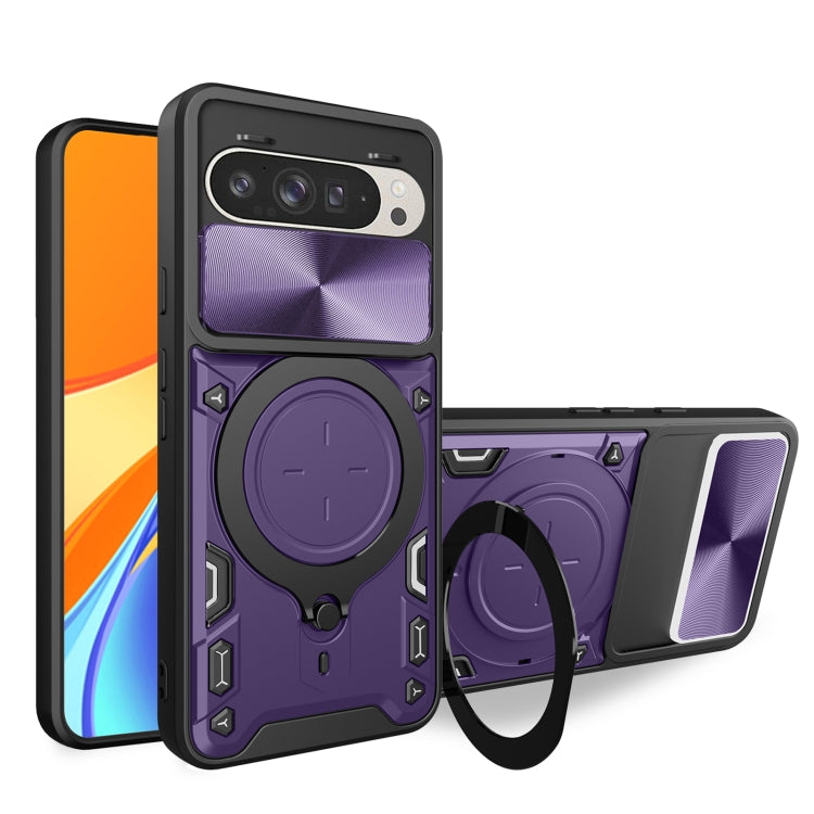 For Google Pixel 9 / 9 Pro CD Texture Sliding Camshield Magnetic Holder Phone Case(Purple) by buy2fix