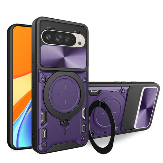 For Google Pixel 9 / 9 Pro CD Texture Sliding Camshield Magnetic Holder Phone Case(Purple) by buy2fix