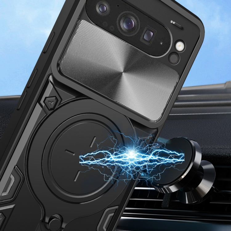 For Google Pixel 9 Pro XL CD Texture Sliding Camshield Magnetic Holder Phone Case(Silver) by buy2fix