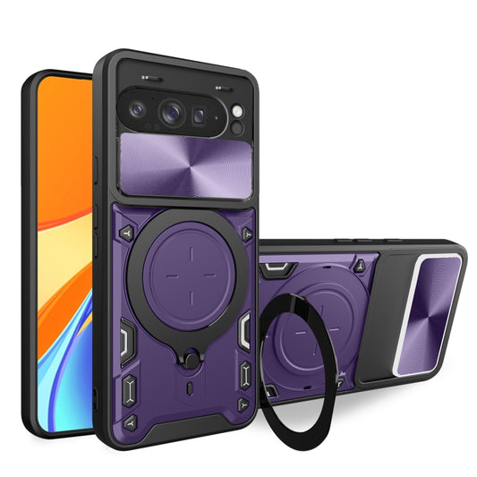 For Google Pixel 9 Pro XL CD Texture Sliding Camshield Magnetic Holder Phone Case(Purple) by buy2fix