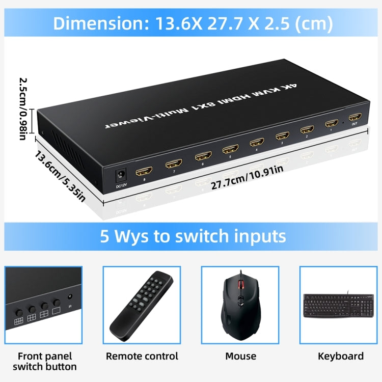 NK-E80 4K 30Hz 8 In 1 Out HDMI 8-way Screen Splitter KVM Switch(UK Plug) by buy2fix