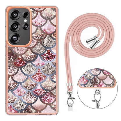 For Samsung Galaxy S25 Ultra 5G Electroplating Pattern IMD TPU Shockproof Case with Neck Lanyard(Pink Scales) by buy2fix