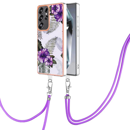 For Samsung Galaxy S25 Ultra 5G Electroplating Pattern IMD TPU Shockproof Case with Neck Lanyard(Purple Flower) by buy2fix