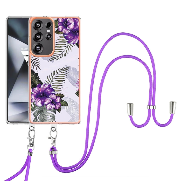 For Samsung Galaxy S25 Ultra 5G Electroplating Pattern IMD TPU Shockproof Case with Neck Lanyard(Purple Flower) by buy2fix