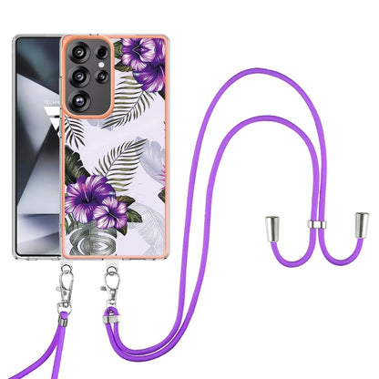 For Samsung Galaxy S25 Ultra 5G Electroplating Pattern IMD TPU Shockproof Case with Neck Lanyard(Purple Flower) by buy2fix