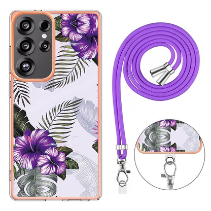 For Samsung Galaxy S25 Ultra 5G Electroplating Pattern IMD TPU Shockproof Case with Neck Lanyard(Purple Flower) by buy2fix