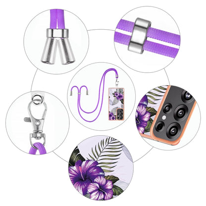 For Samsung Galaxy S25 Ultra 5G Electroplating Pattern IMD TPU Shockproof Case with Neck Lanyard(Purple Flower) by buy2fix