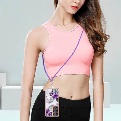 For Samsung Galaxy S25 Ultra 5G Electroplating Pattern IMD TPU Shockproof Case with Neck Lanyard(Purple Flower) by buy2fix