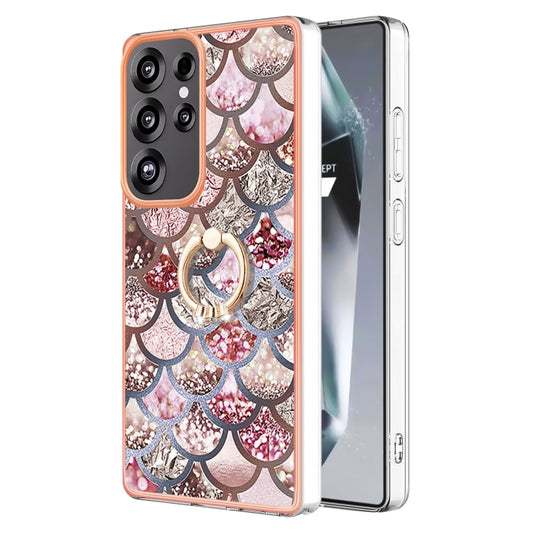 For Samsung Galaxy S25 Ultra 5G Electroplating Pattern IMD TPU Shockproof Case with Rhinestone Ring Holder(Pink Scales) by buy2fix