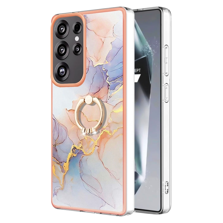 For Samsung Galaxy S25 Ultra 5G Electroplating Pattern IMD TPU Shockproof Case with Rhinestone Ring Holder(Milky Way White Marble) by buy2fix