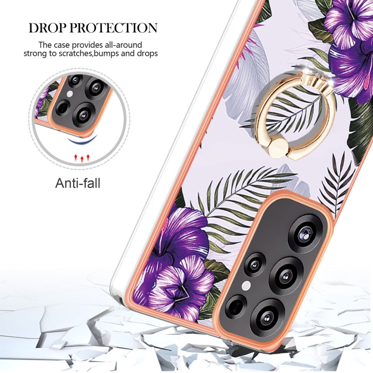 For Samsung Galaxy S25 Ultra 5G Electroplating Pattern IMD TPU Shockproof Case with Rhinestone Ring Holder(Purple Flower) by buy2fix