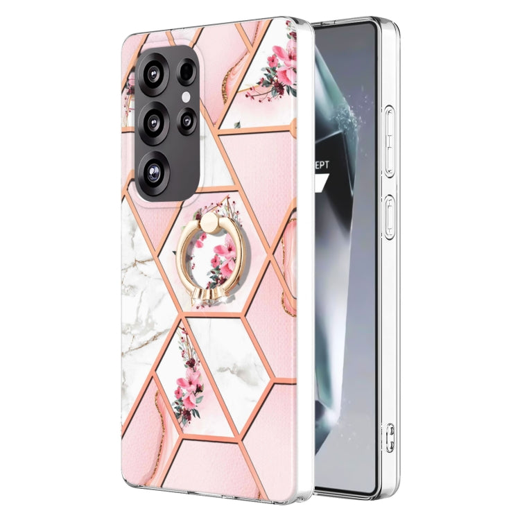 For Samsung Galaxy S25 Ultra 5G Electroplating Splicing Marble Flower Pattern TPU Shockproof Case with Rhinestone Ring Holder(Pink Flower) by buy2fix