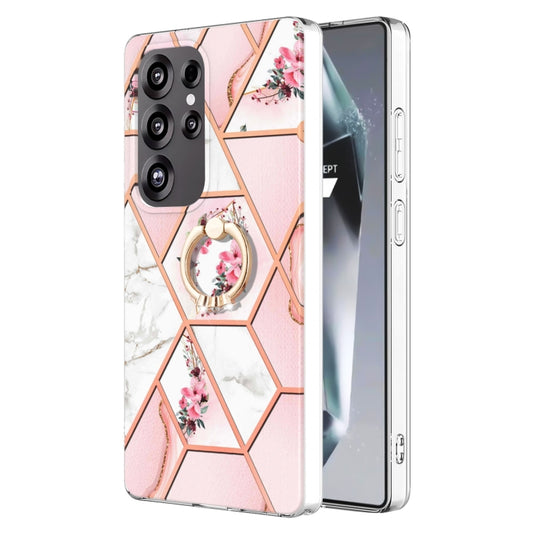 For Samsung Galaxy S25 Ultra 5G Electroplating Splicing Marble Flower Pattern TPU Shockproof Case with Rhinestone Ring Holder(Pink Flower) by buy2fix