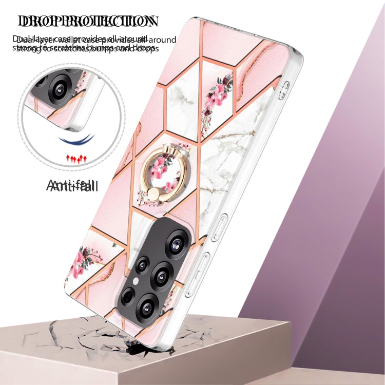 For Samsung Galaxy S25 Ultra 5G Electroplating Splicing Marble Flower Pattern TPU Shockproof Case with Rhinestone Ring Holder(Pink Flower) by buy2fix