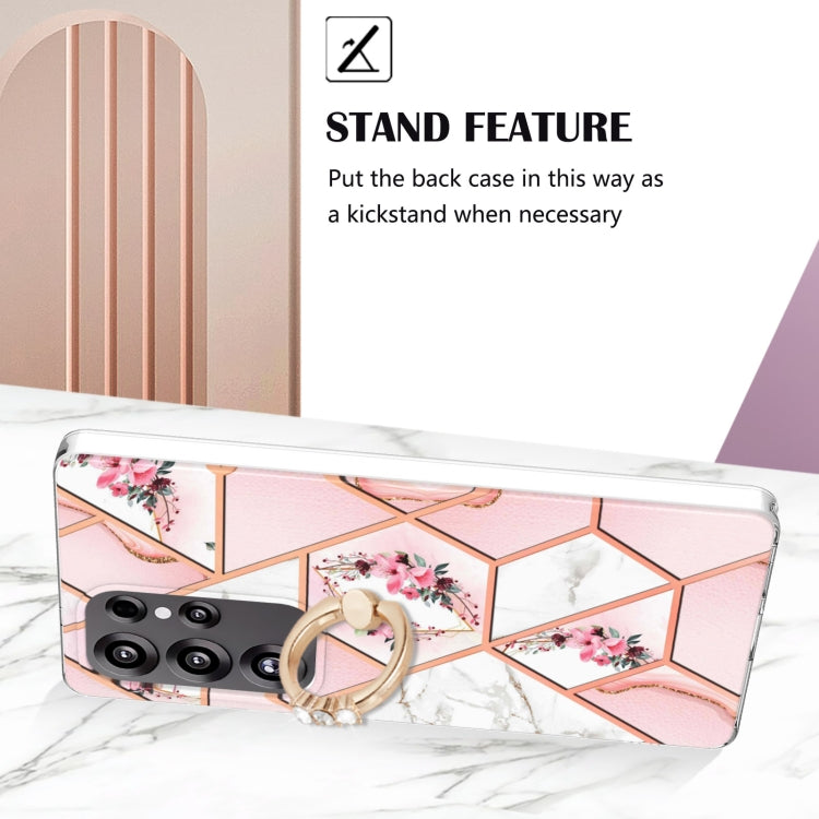 For Samsung Galaxy S25 Ultra 5G Electroplating Splicing Marble Flower Pattern TPU Shockproof Case with Rhinestone Ring Holder(Pink Flower) by buy2fix