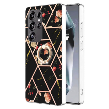 For Samsung Galaxy S25 Ultra 5G Electroplating Splicing Marble Flower Pattern TPU Shockproof Case with Rhinestone Ring Holder(Black Flower) by buy2fix