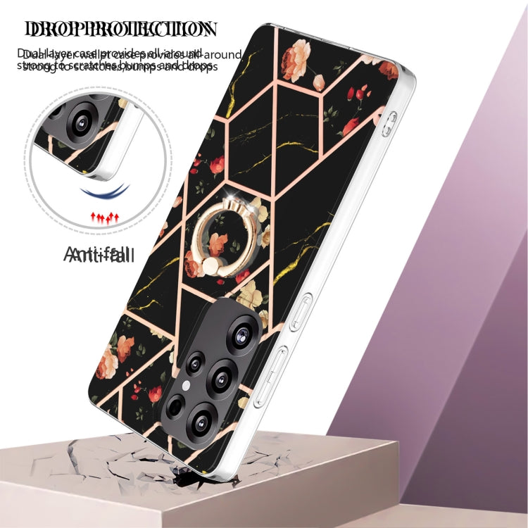 For Samsung Galaxy S25 Ultra 5G Electroplating Splicing Marble Flower Pattern TPU Shockproof Case with Rhinestone Ring Holder(Black Flower) by buy2fix
