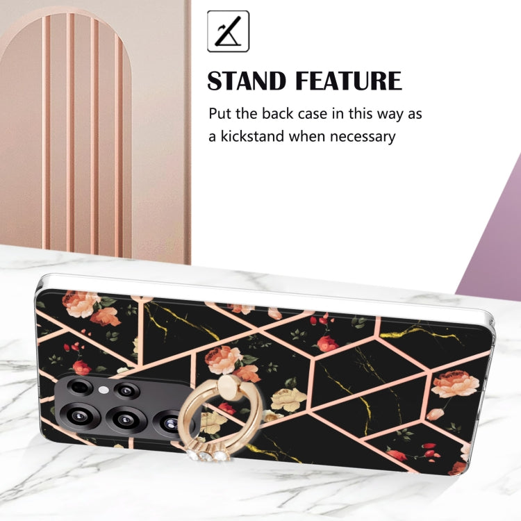 For Samsung Galaxy S25 Ultra 5G Electroplating Splicing Marble Flower Pattern TPU Shockproof Case with Rhinestone Ring Holder(Black Flower) by buy2fix