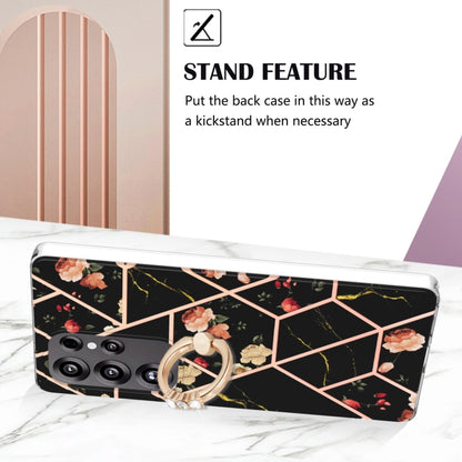 For Samsung Galaxy S25 Ultra 5G Electroplating Splicing Marble Flower Pattern TPU Shockproof Case with Rhinestone Ring Holder(Black Flower) by buy2fix