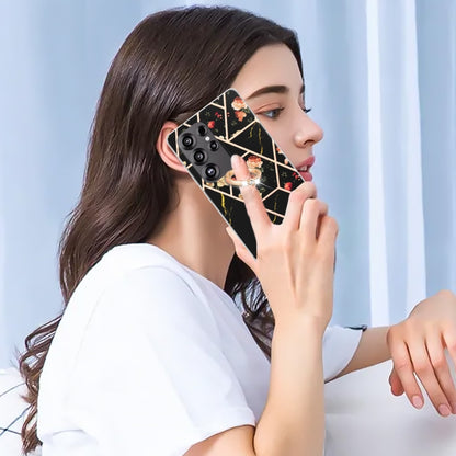 For Samsung Galaxy S25 Ultra 5G Electroplating Splicing Marble Flower Pattern TPU Shockproof Case with Rhinestone Ring Holder(Black Flower) by buy2fix