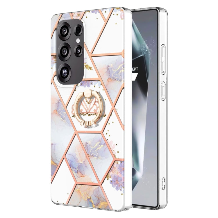 For Samsung Galaxy S25 Ultra 5G Electroplating Splicing Marble Flower Pattern TPU Shockproof Case with Rhinestone Ring Holder(Imperial Crown) by buy2fix