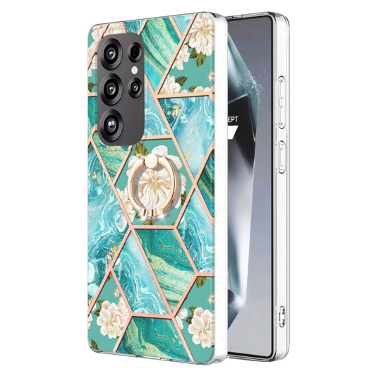 For Samsung Galaxy S25 Ultra 5G Electroplating Splicing Marble Flower Pattern TPU Shockproof Case with Rhinestone Ring Holder(Blue Flower) by buy2fix