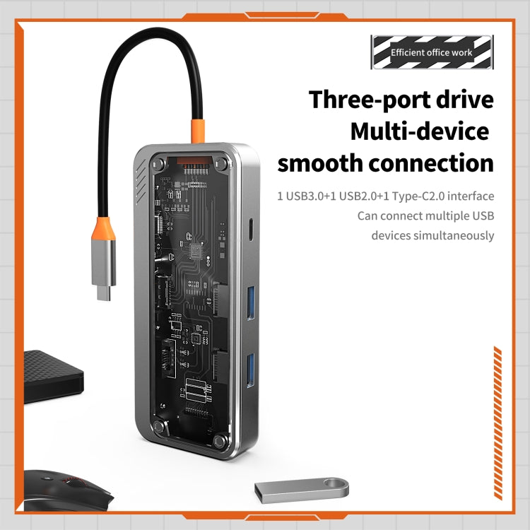 SW8V 8 in 1 Type-C to USB + HDMI + RJ45 + SD/TF HUB Docking Station(Grey) by buy2fix