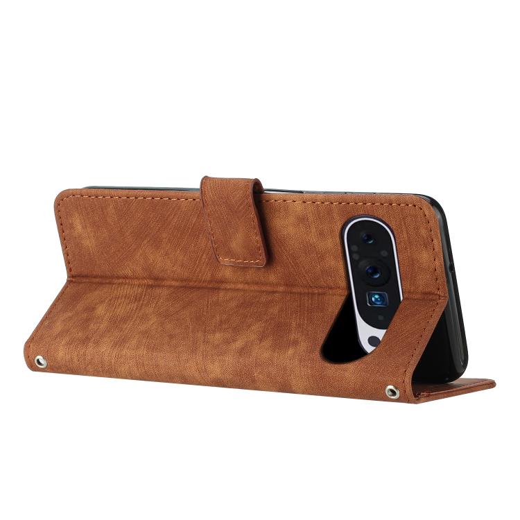 For Google Pixel 10 / 10 Pro Skin Feel Stripe Pattern Leather Phone Case with Lanyard(Brown) - Google Cases by buy2fix | Online Shopping UK | buy2fix