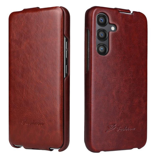 For Samsung Galaxy S25+ 5G Fierre Shann 64 Texture Vertical Flip PU Leather Phone Case(Brown)
