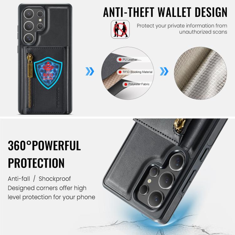 For Samsung Galaxy S25 Ultra 5G DG.MING M5 Series Zip RFID Multi Card Detachable Leather Phone Case(Black) - Galaxy S25 Ultra 5G Cases by DG.MING | Online Shopping UK | buy2fix