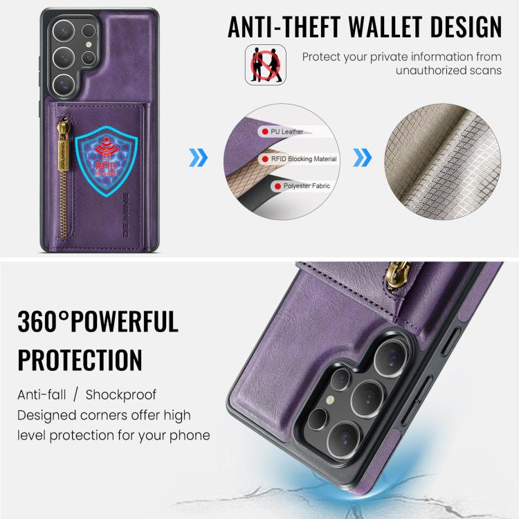 For Samsung Galaxy S25 Ultra 5G DG.MING M5 Series Zip RFID Multi Card Detachable Leather Phone Case(Purple) - Galaxy S25 Ultra 5G Cases by DG.MING | Online Shopping UK | buy2fix