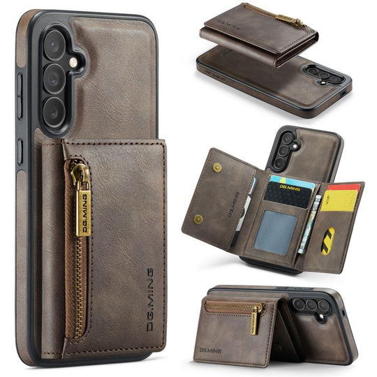 For Samsung Galaxy S25 FE 5G DG.MING M5 Series Zip RFID Multi Card Detachable Leather Phone Case(Coffee)