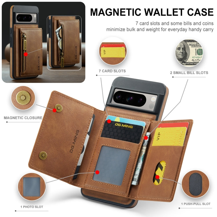 For Google Pixel 8 Pro DG.MING M5 Series Zip RFID Multi Card Detachable Leather Phone Case(Brown) - Google Cases by DG.MING | Online Shopping UK | buy2fix