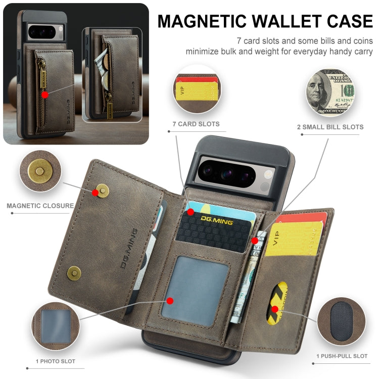 For Google Pixel 8 Pro DG.MING M5 Series Zip RFID Multi Card Detachable Leather Phone Case(Coffee) - Google Cases by DG.MING | Online Shopping UK | buy2fix