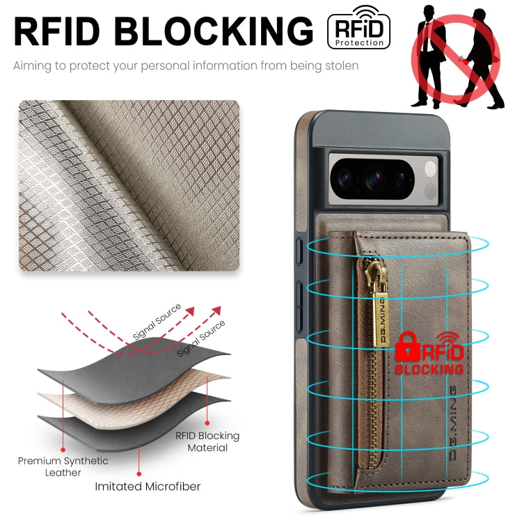 For Google Pixel 8 Pro DG.MING M5 Series Zip RFID Multi Card Detachable Leather Phone Case(Coffee) - Google Cases by DG.MING | Online Shopping UK | buy2fix