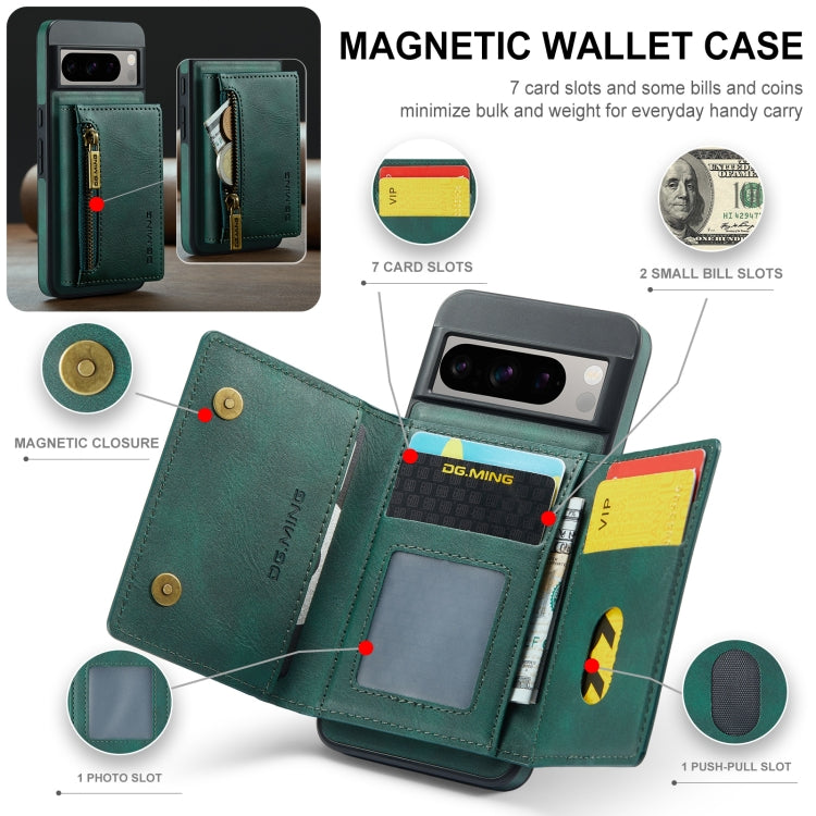 For Google Pixel 8 Pro DG.MING M5 Series Zip RFID Multi Card Detachable Leather Phone Case(Green) - Google Cases by DG.MING | Online Shopping UK | buy2fix