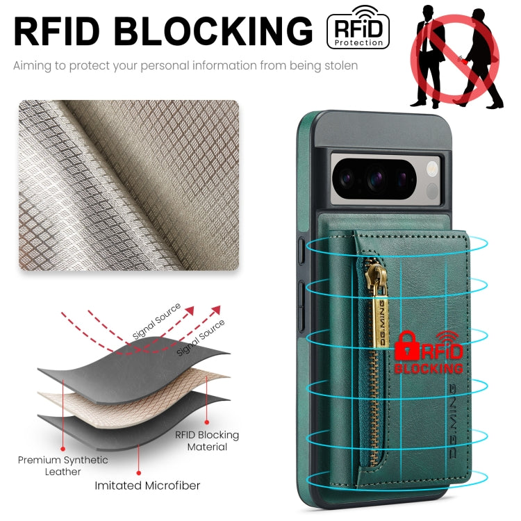 For Google Pixel 8 Pro DG.MING M5 Series Zip RFID Multi Card Detachable Leather Phone Case(Green) - Google Cases by DG.MING | Online Shopping UK | buy2fix