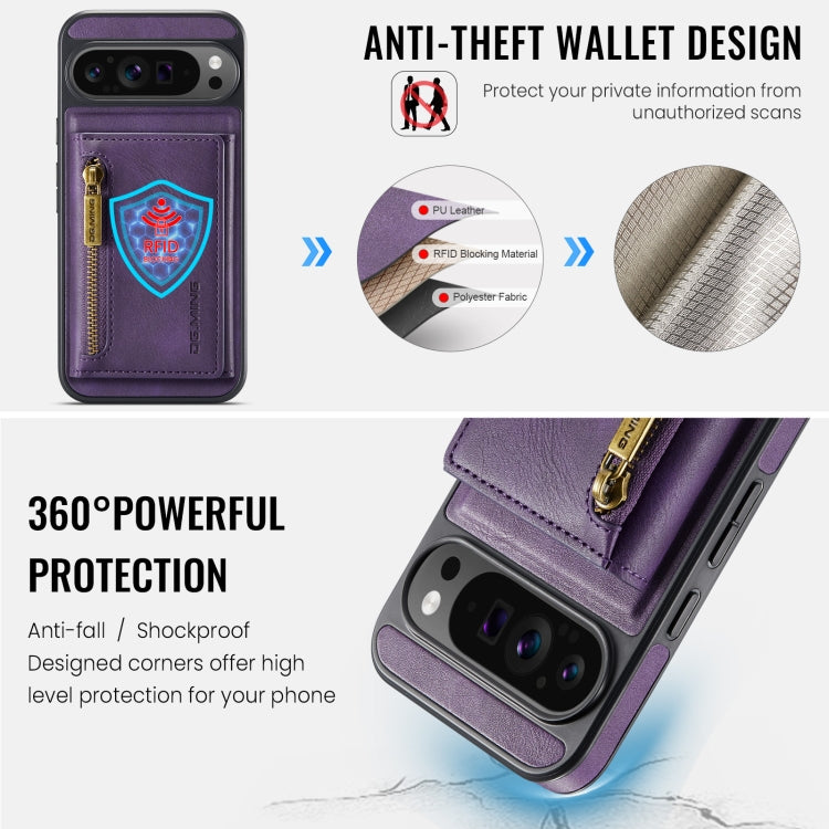 For Google Pixel 9 Pro XL DG.MING M5 Series Zip RFID Multi Card Detachable Leather Phone Case(Purple) - Google Cases by DG.MING | Online Shopping UK | buy2fix