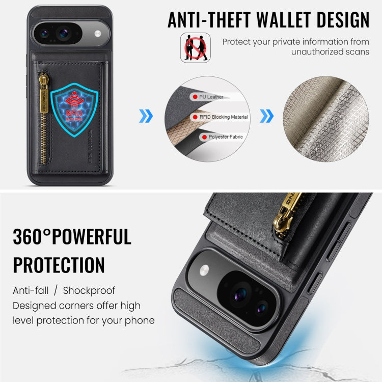For Google Pixel 9 / 9 Pro DG.MING M5 Series Zip RFID Multi Card Detachable Leather Phone Case(Black) - Google Cases by DG.MING | Online Shopping UK | buy2fix