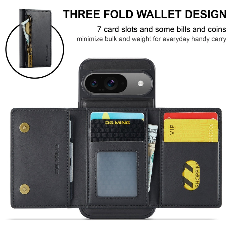 For Google Pixel 9 / 9 Pro DG.MING M5 Series Zip RFID Multi Card Detachable Leather Phone Case(Black) - Google Cases by DG.MING | Online Shopping UK | buy2fix