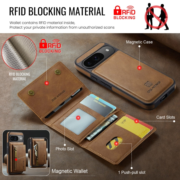 For Google Pixel 9 / 9 Pro DG.MING M5 Series Zip RFID Multi Card Detachable Leather Phone Case(Brown) - Google Cases by DG.MING | Online Shopping UK | buy2fix