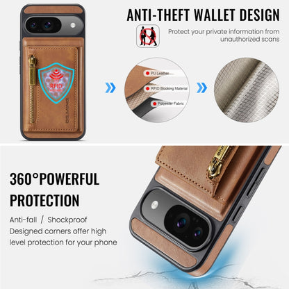For Google Pixel 9 / 9 Pro DG.MING M5 Series Zip RFID Multi Card Detachable Leather Phone Case(Brown) - Google Cases by DG.MING | Online Shopping UK | buy2fix
