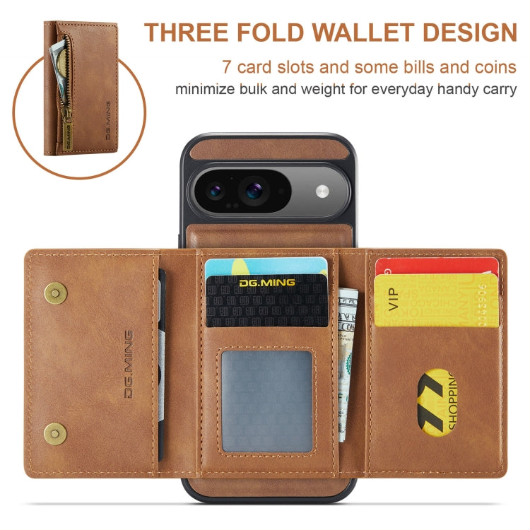 For Google Pixel 9 / 9 Pro DG.MING M5 Series Zip RFID Multi Card Detachable Leather Phone Case(Brown) - Google Cases by DG.MING | Online Shopping UK | buy2fix