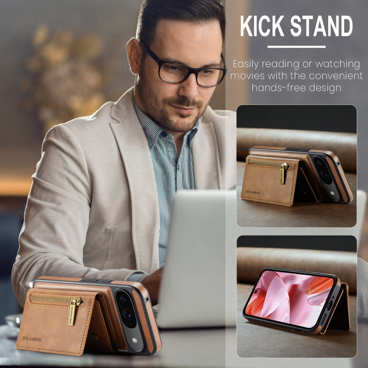 For Google Pixel 9 / 9 Pro DG.MING M5 Series Zip RFID Multi Card Detachable Leather Phone Case(Brown) - Google Cases by DG.MING | Online Shopping UK | buy2fix
