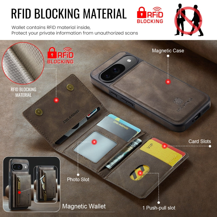 For Google Pixel 9 / 9 Pro DG.MING M5 Series Zip RFID Multi Card Detachable Leather Phone Case(Coffee) - Google Cases by DG.MING | Online Shopping UK | buy2fix