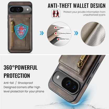 For Google Pixel 9 / 9 Pro DG.MING M5 Series Zip RFID Multi Card Detachable Leather Phone Case(Coffee) - Google Cases by DG.MING | Online Shopping UK | buy2fix