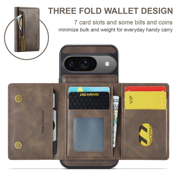 For Google Pixel 9 / 9 Pro DG.MING M5 Series Zip RFID Multi Card Detachable Leather Phone Case(Coffee) - Google Cases by DG.MING | Online Shopping UK | buy2fix