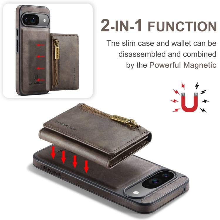 For Google Pixel 9 / 9 Pro DG.MING M5 Series Zip RFID Multi Card Detachable Leather Phone Case(Coffee) - Google Cases by DG.MING | Online Shopping UK | buy2fix