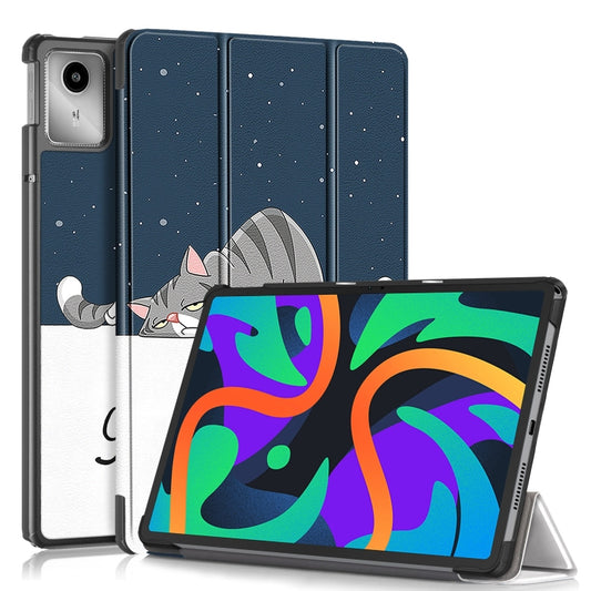 For Lenovo Tab M11/ Xiaoxin Pad 11 2024 Custer Painted 3-Fold Holder Leather Smart Tablet Case(Lazy Cat) - Lenovo by buy2fix | Online Shopping UK | buy2fix